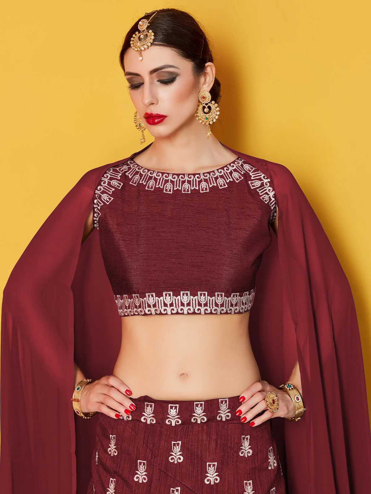 Odette Women Maroon Embroidered Semi Stitched Lehenga With Unstitched Blouse - Image 3