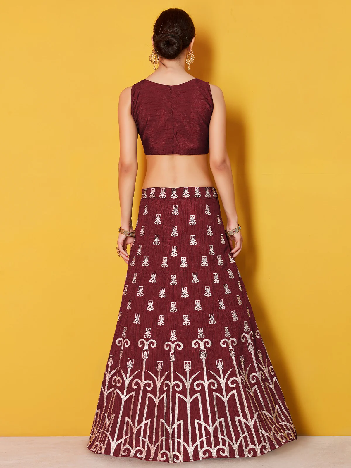 Odette Women Maroon Embroidered Semi Stitched Lehenga With Unstitched Blouse - Image 5