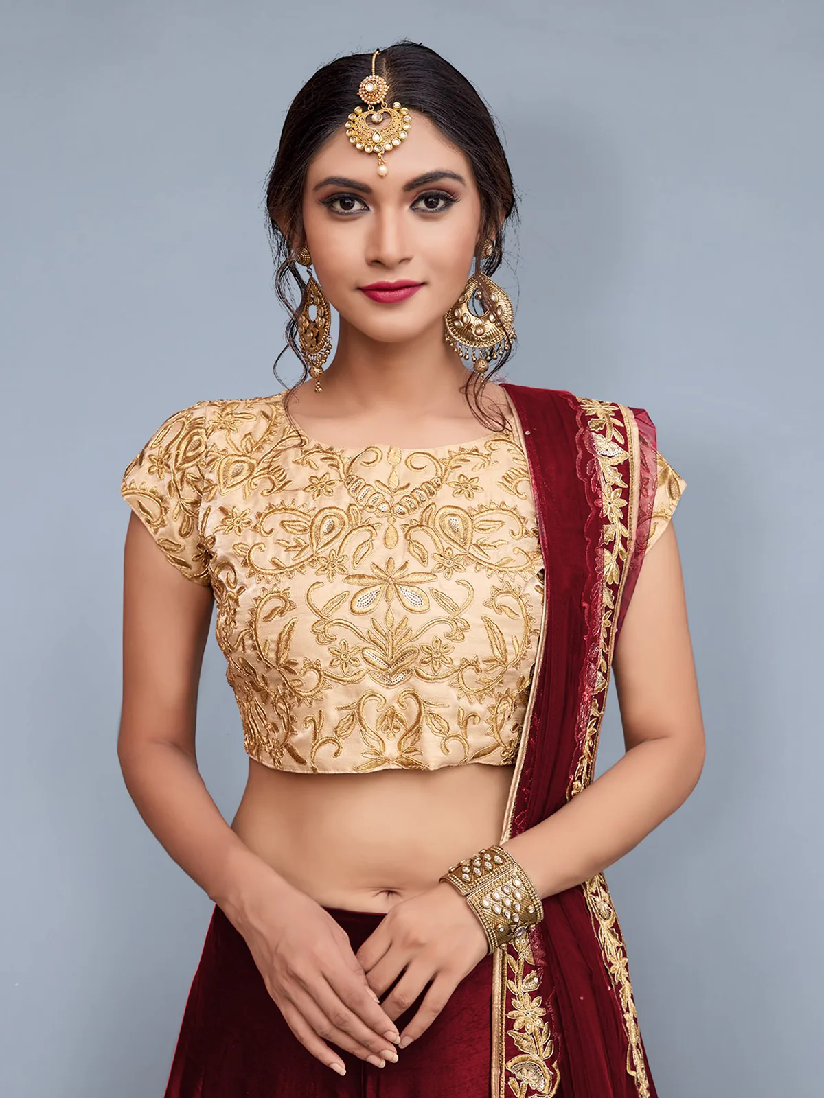 Odette Women Maroon Embroidered Semi Stitched Lehenga With Unstitched Blouse - Image 2