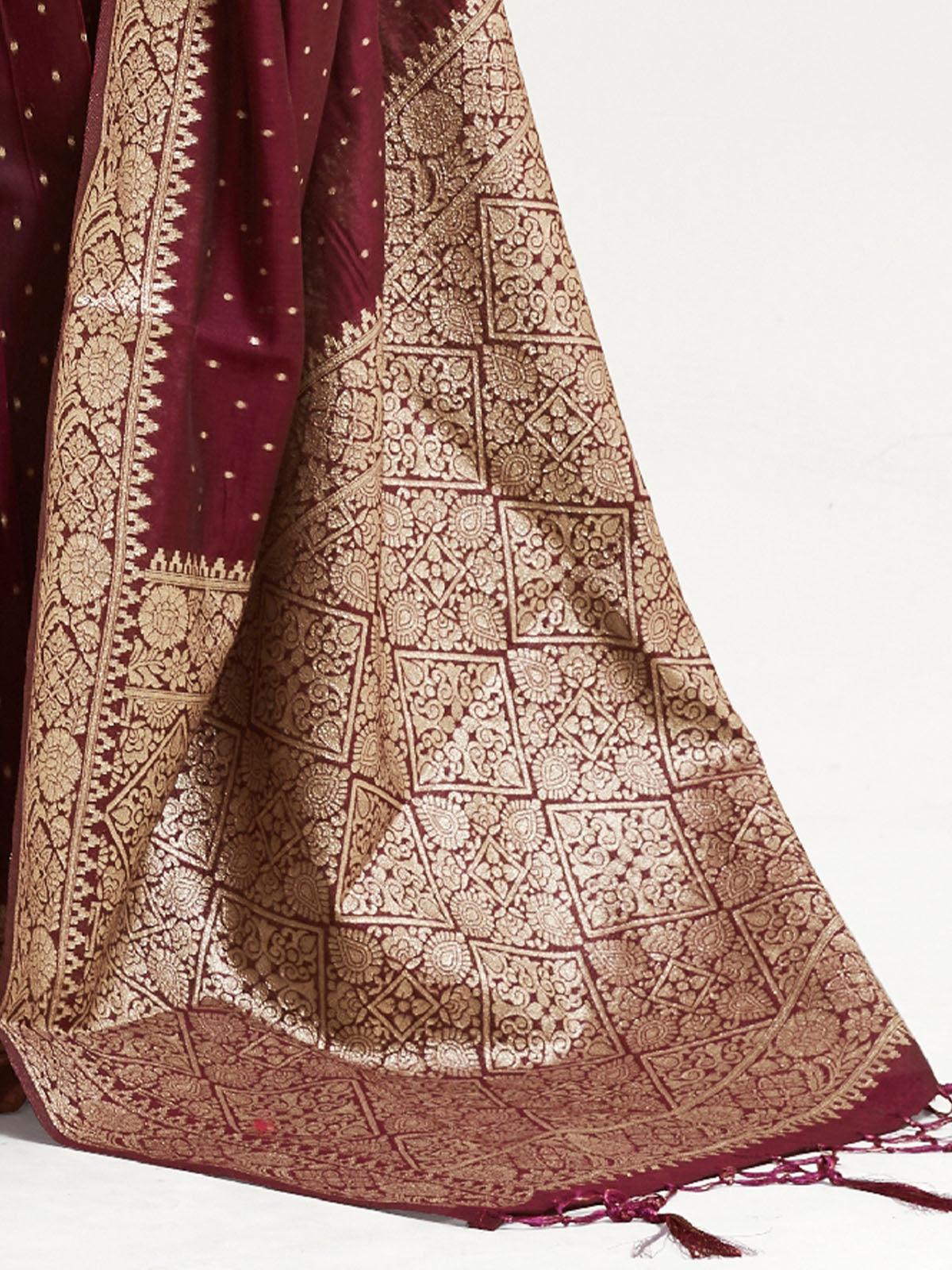 Odette Women Maroon Festive Silk Blend Woven Design Saree With Unstitched Blouse - Image 3