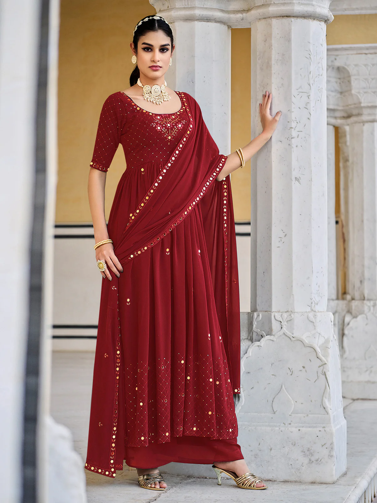 Odette Women Maroon Georgette Embroidered Semi Stitched Salwar Suit - Image 2