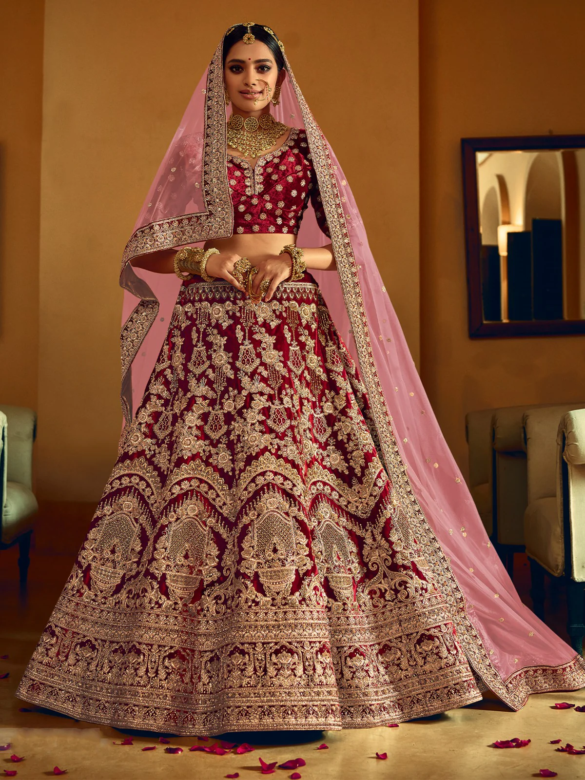 Odette Women Maroon Velvet Semi Stitched Lehenga With  Unstitched Blouse - Image 3