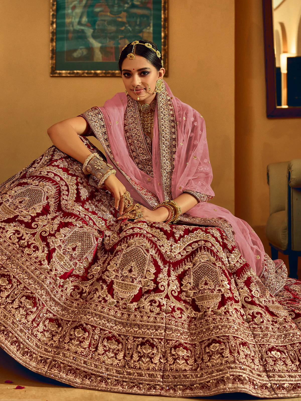 Odette Women Maroon Velvet Semi Stitched Lehenga With  Unstitched Blouse - Image 4