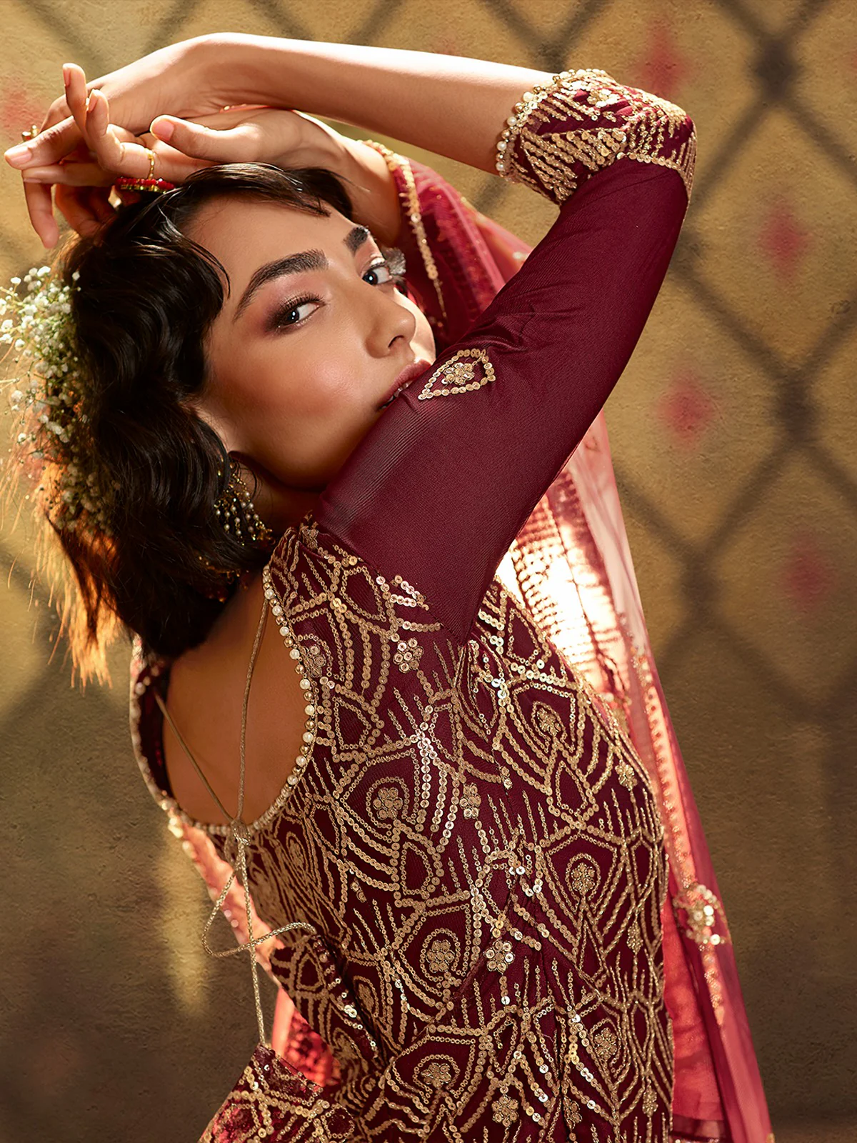 Odette Women Maroon Modern Semi Stitched Kurta Set - Image 3
