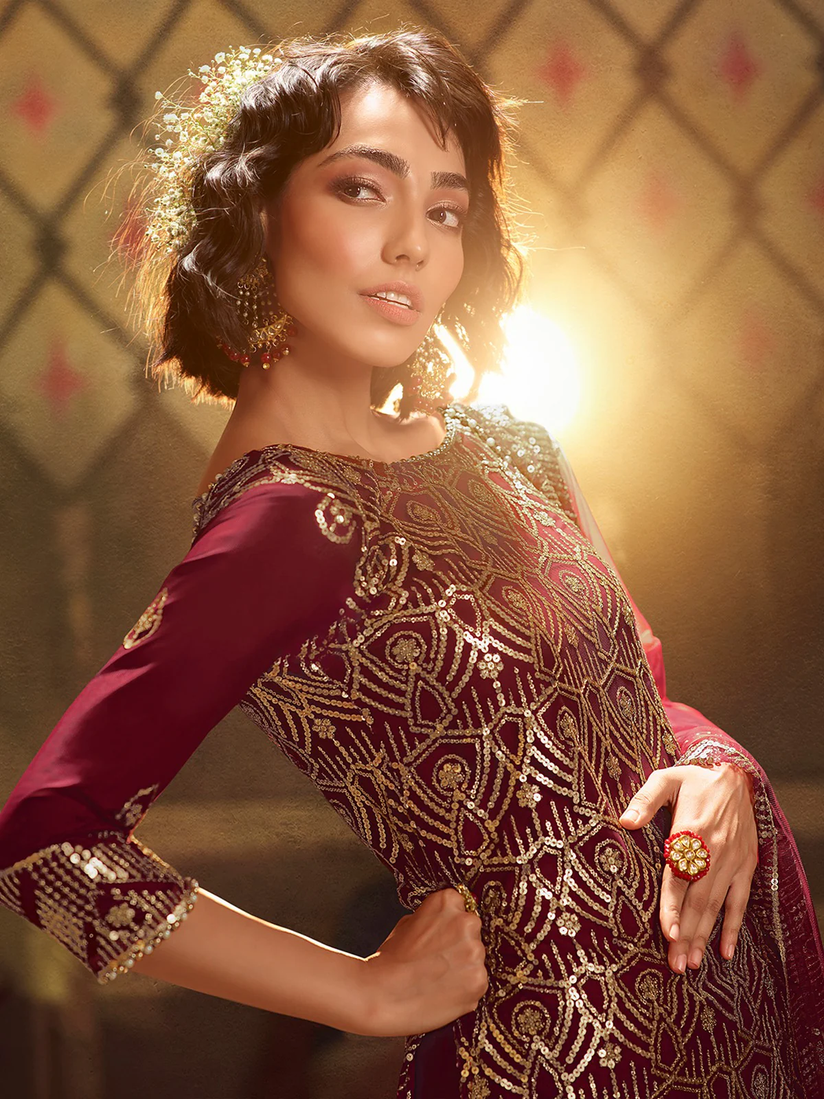 Odette Women Maroon Modern Semi Stitched Kurta Set - Image 4