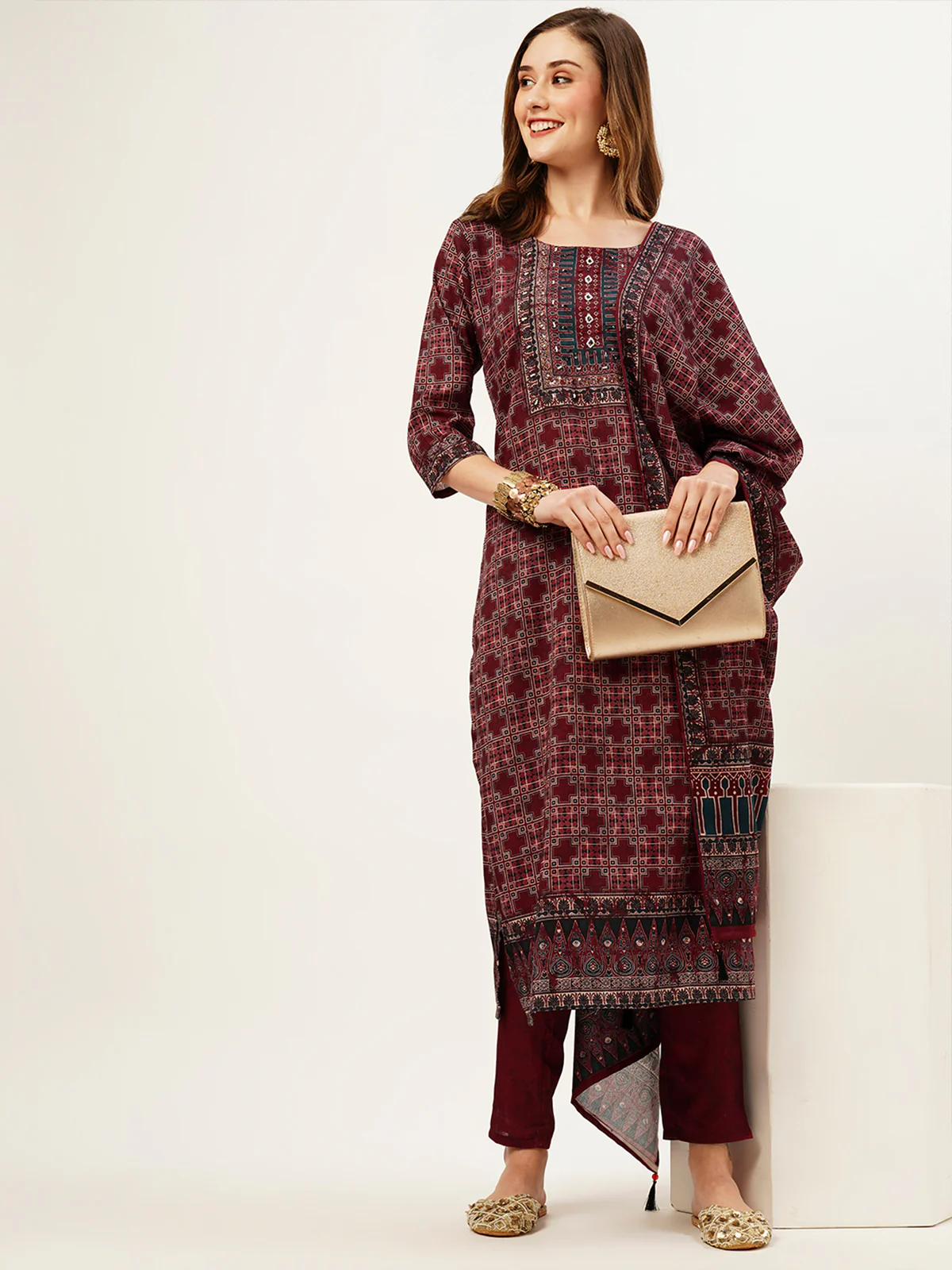Odette Women Maroon Printed Linen Stitched Kurta Set - Image 2