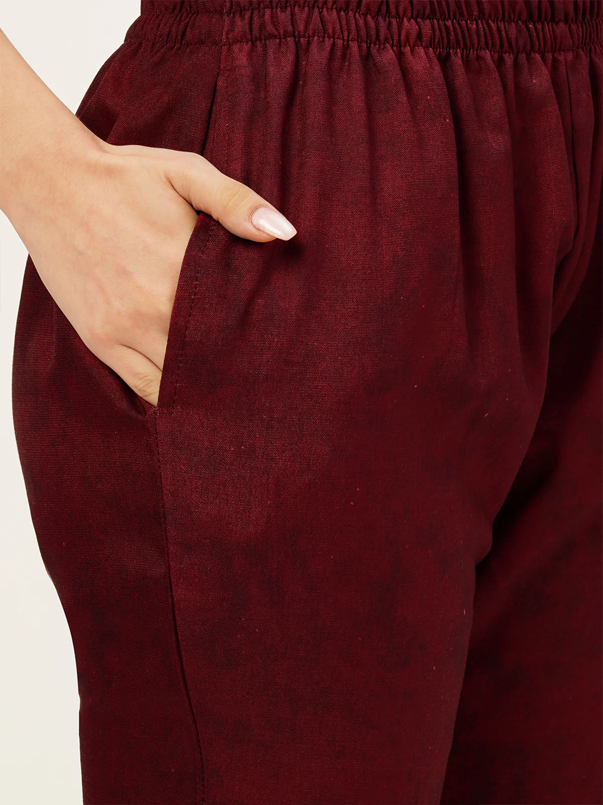 Odette Women Maroon Printed Linen Stitched Kurta Set - Image 7