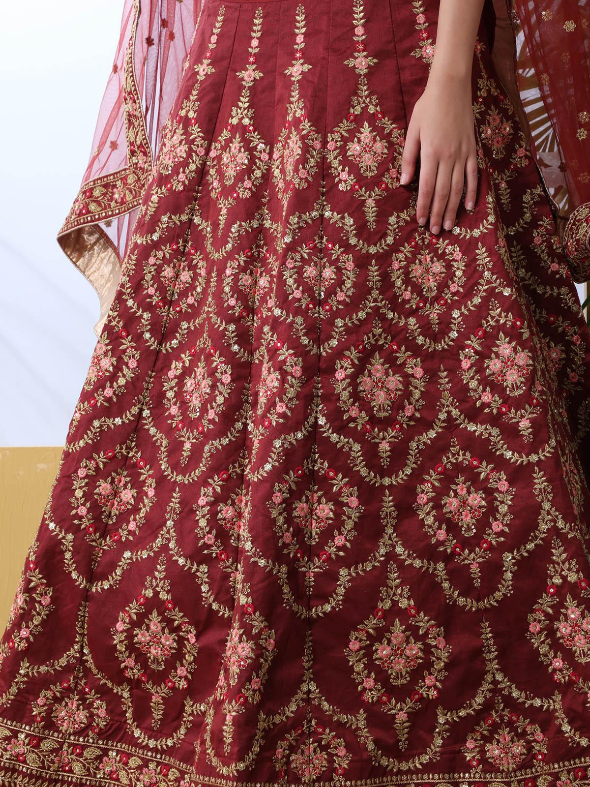 Odette Women Maroon Sequins Art Sillk Semi Stitched Lehenga With  Unstitched Blouse - Image 3