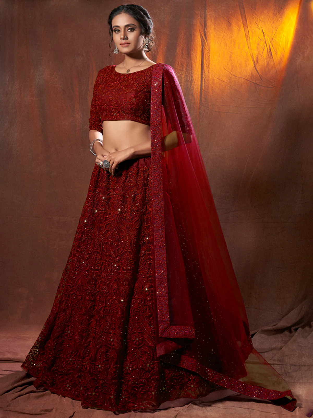 Odette Women Maroon Sequins, Thread Semi Stitched Lehenga With Unstitched Blouse - Image 3