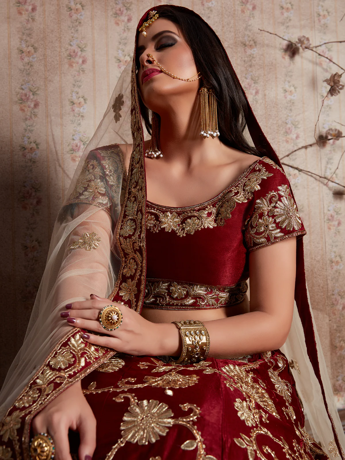 Odette Women Maroon Embroidered Semi Stitched Lehenga With Unstitched Blouse - Image 5