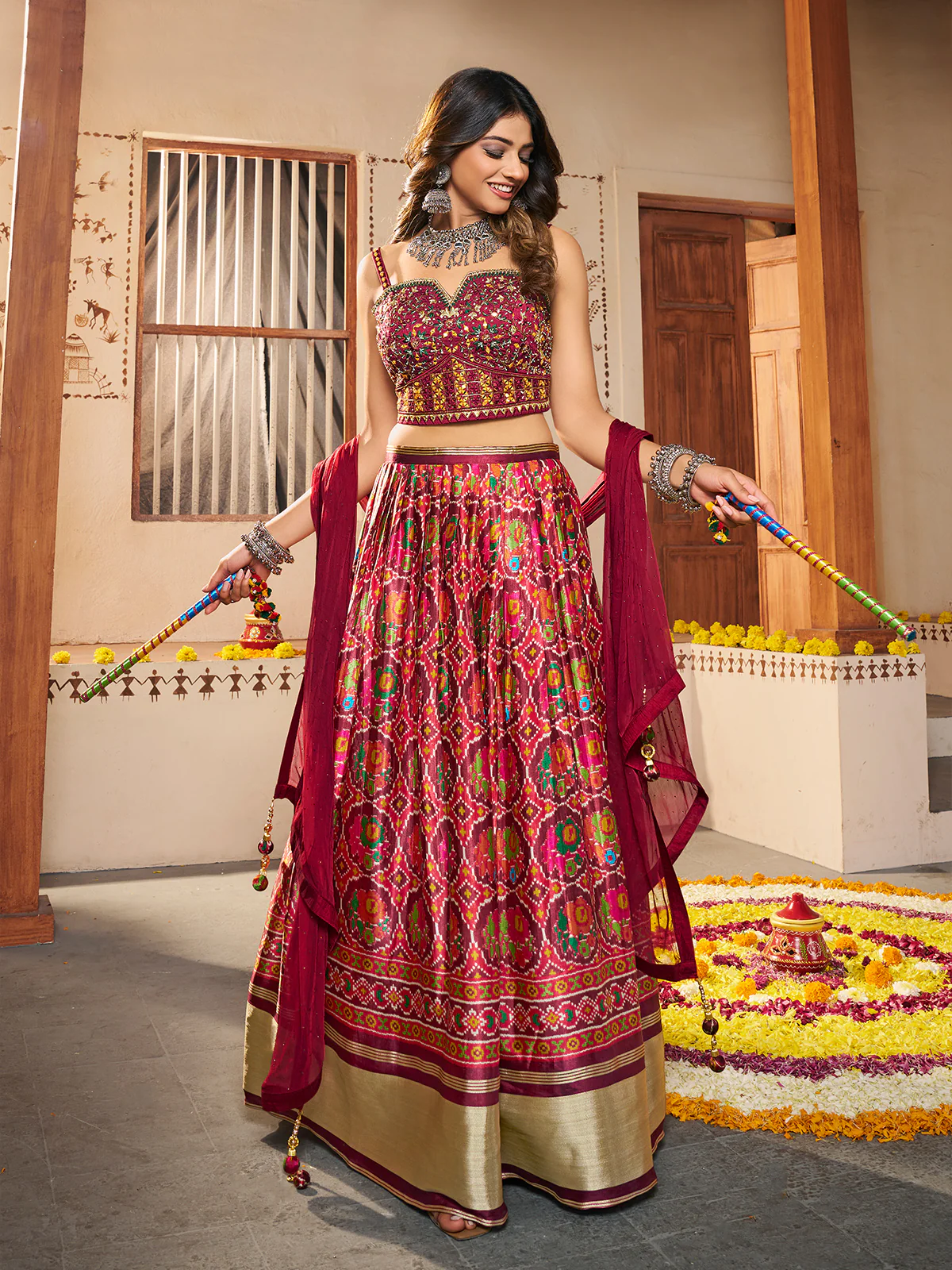 Odette Women Maroon Silk Printed Semi Stitched Lehenga With Unstitched Blouse - Image 2