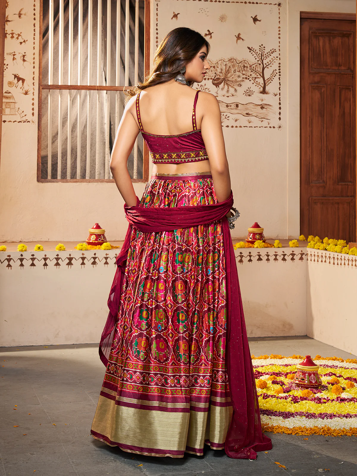 Odette Women Maroon Silk Printed Semi Stitched Lehenga With Unstitched Blouse - Image 4