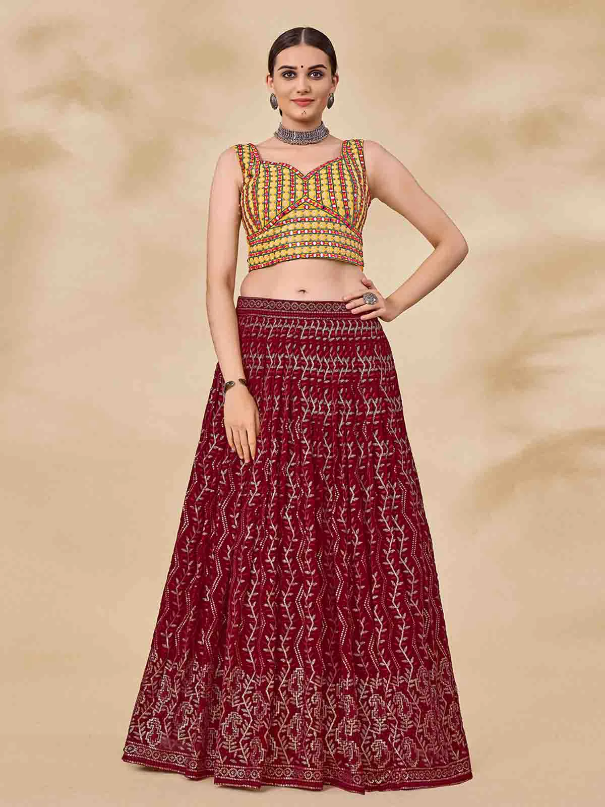 Odette Women Maroon Embroidered Semi Stitched Lehenga With Unstitched Blouse - Image 2