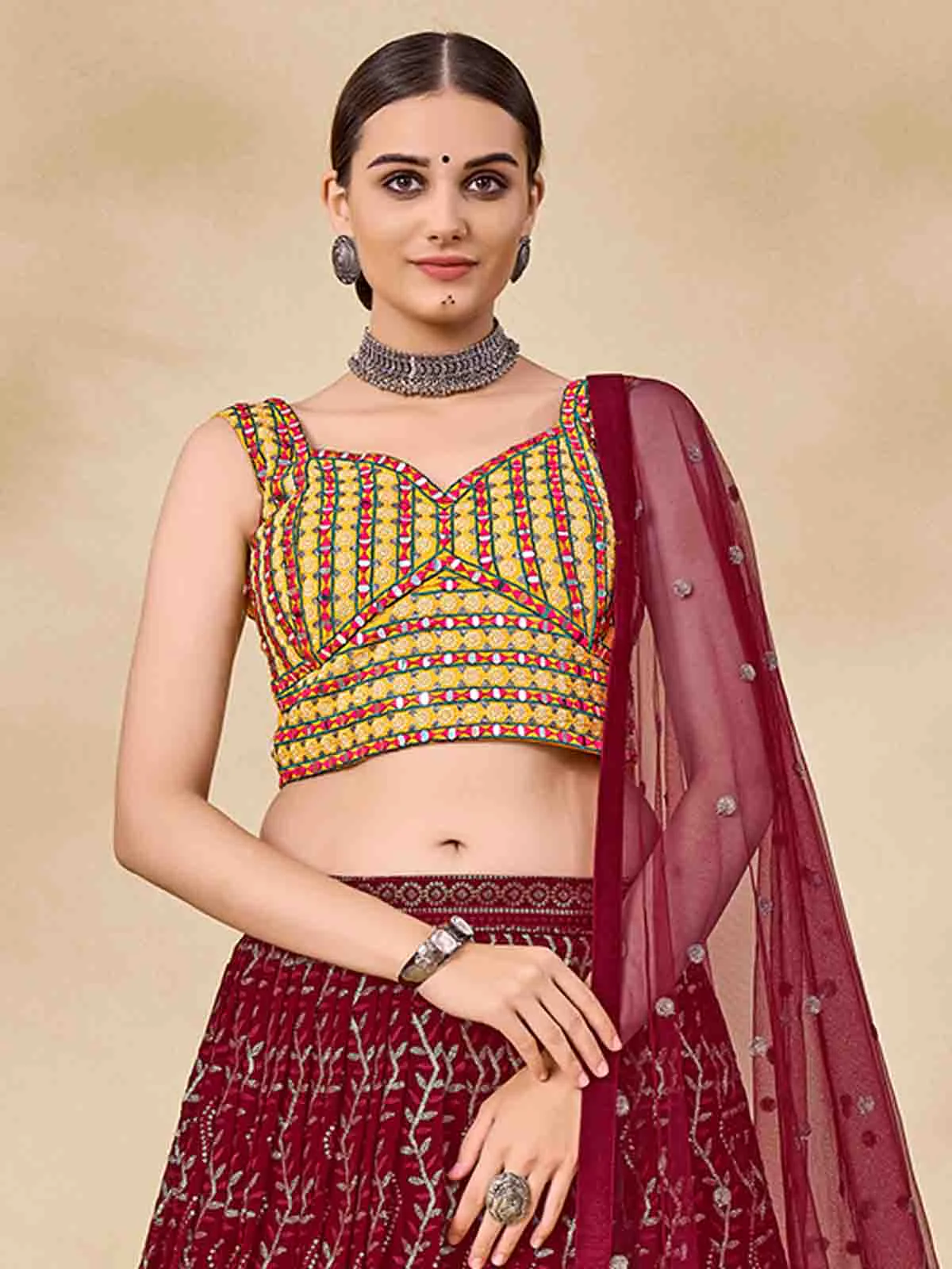 Odette Women Maroon Embroidered Semi Stitched Lehenga With Unstitched Blouse - Image 4