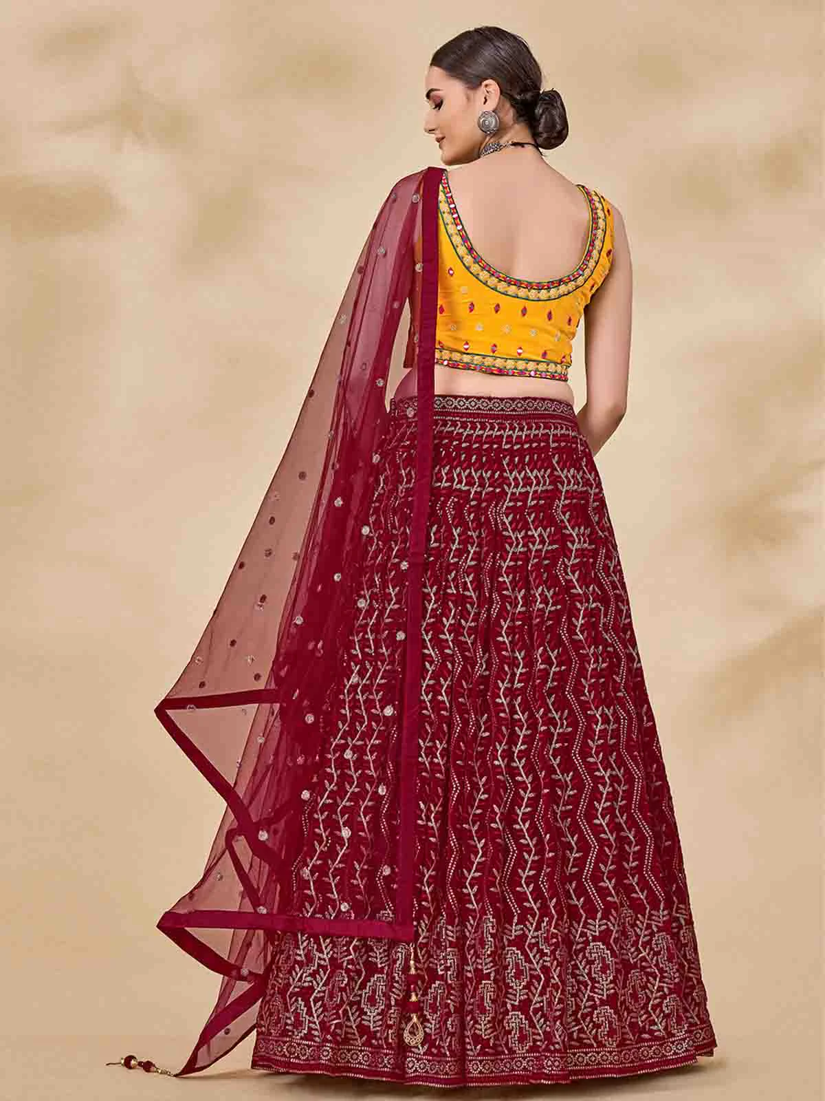 Odette Women Maroon Embroidered Semi Stitched Lehenga With Unstitched Blouse - Image 5