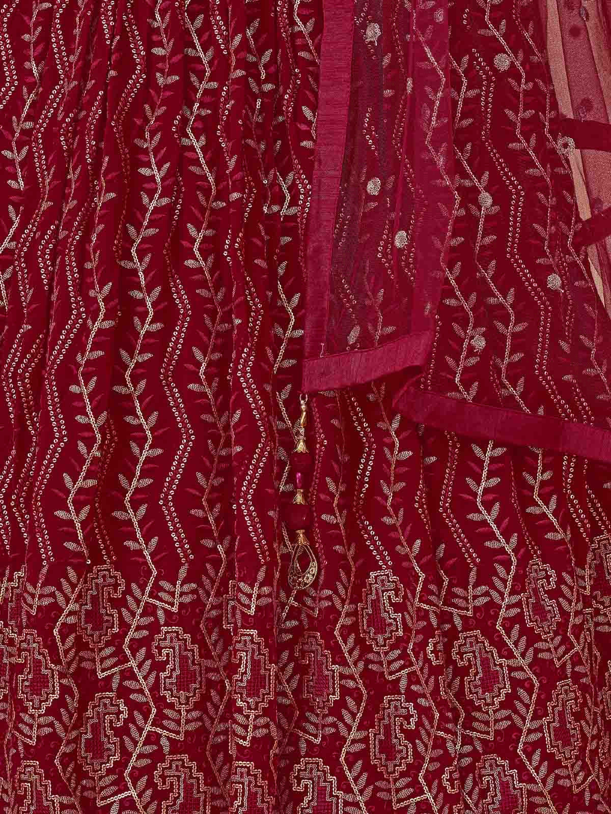 Odette Women Maroon Embroidered Semi Stitched Lehenga With Unstitched Blouse - Image 6