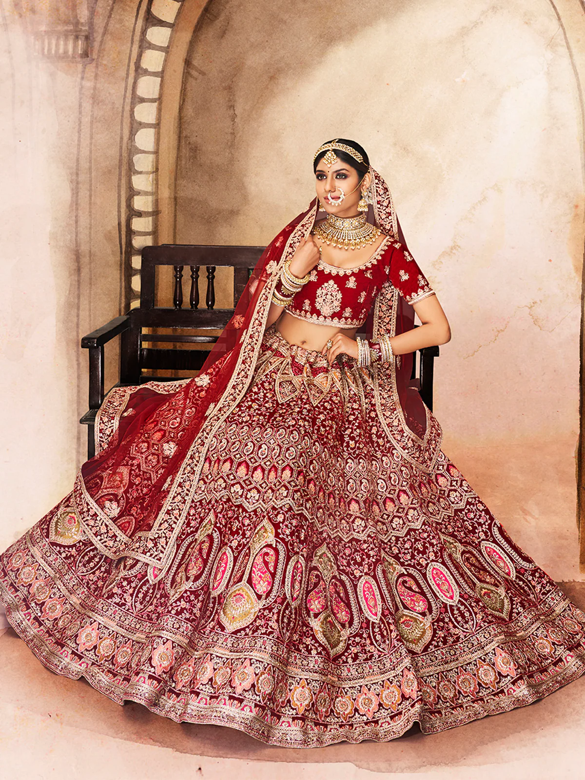 Odette Women Maroon Embroidered Velvet Semi Stitched Lehenga With Unstitched Blouse - Image 2