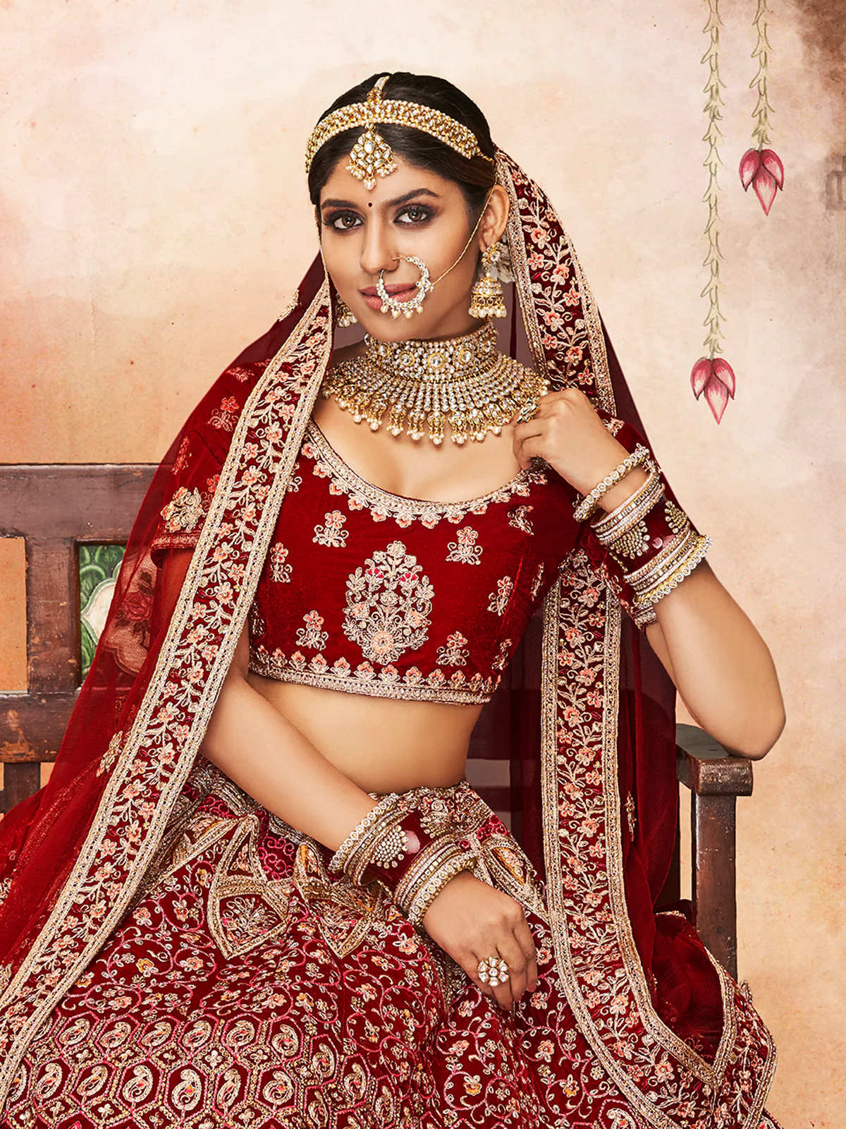 Odette Women Maroon Embroidered Velvet Semi Stitched Lehenga With Unstitched Blouse - Image 3