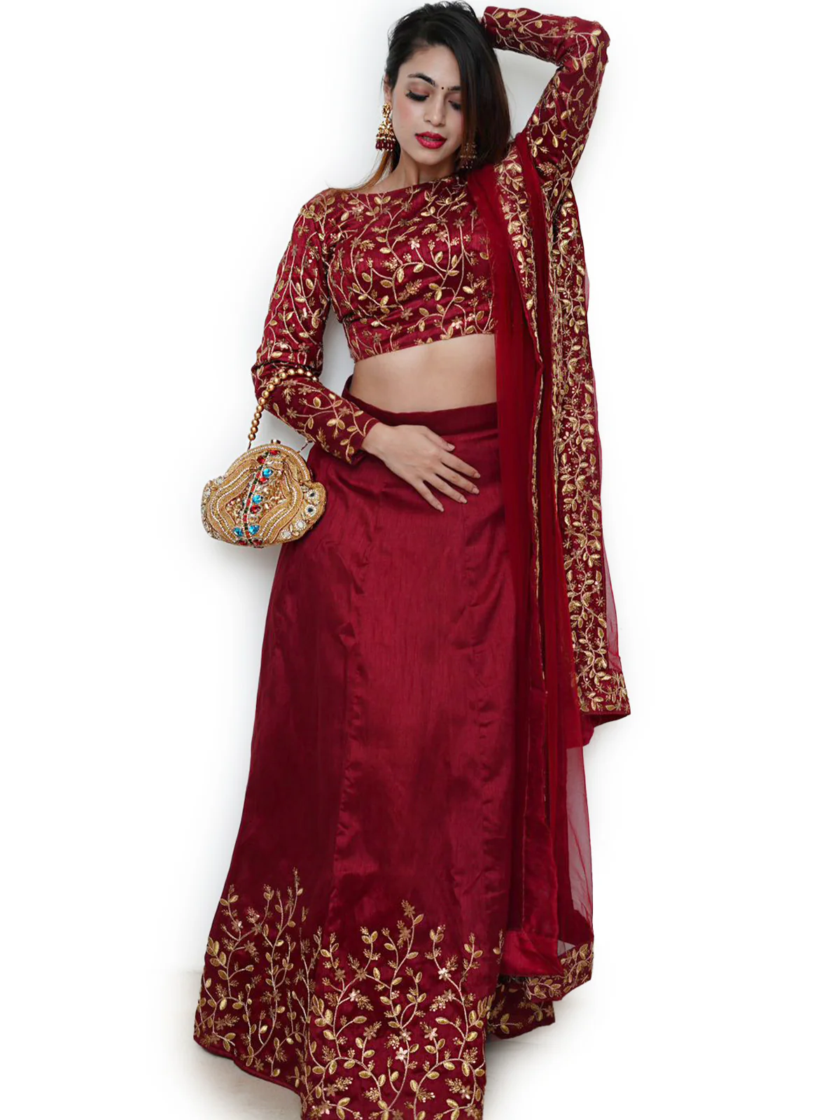 Odette Women Maroon Embroidered Art Silk Semi Stitched Lehenga With Unstitched Blouse - Image 3