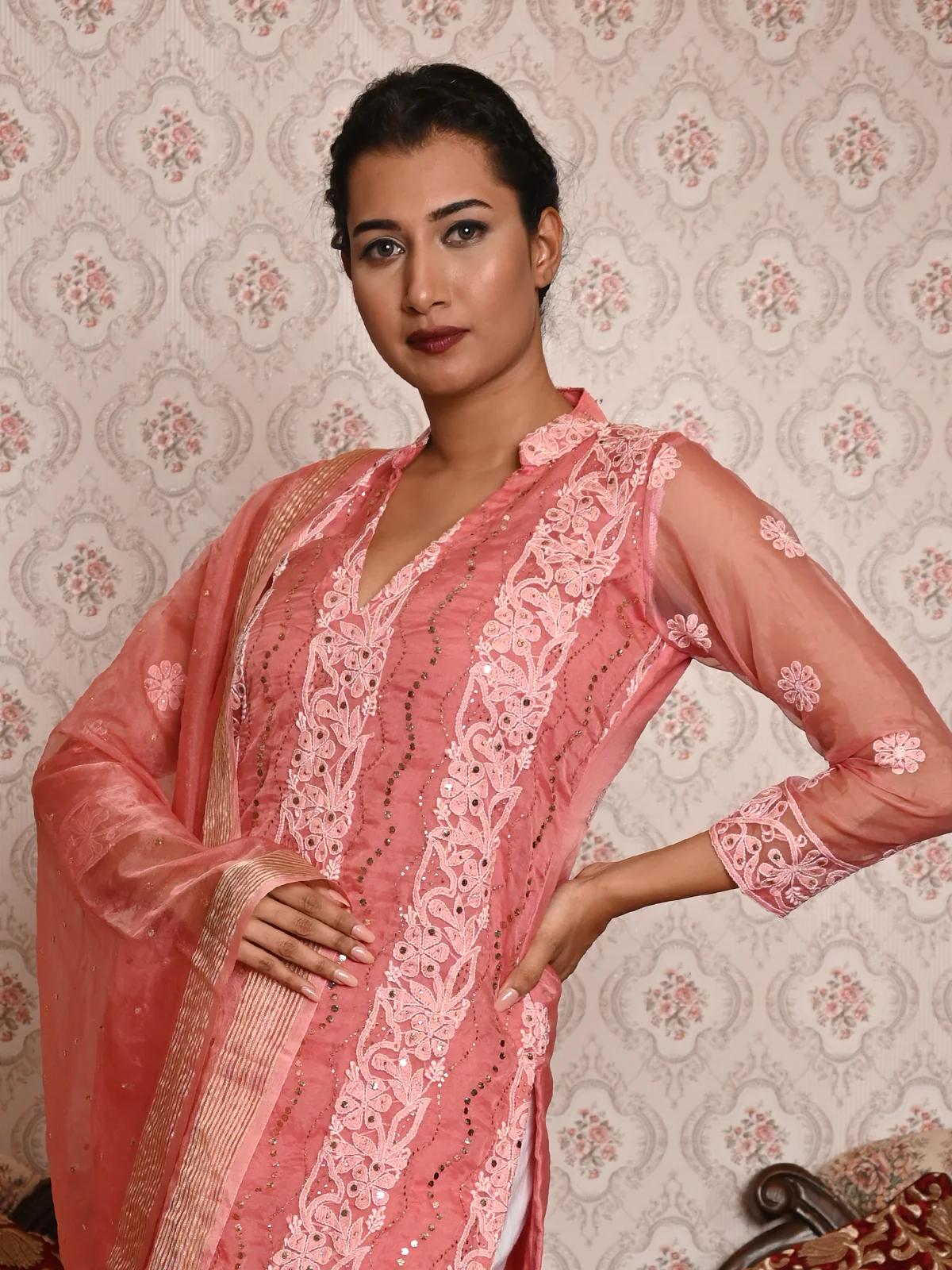 Odette Women Mauve Organza Chikankari Mukaish Work Embroidered Stitched Kurta With Dupatta - Image 2