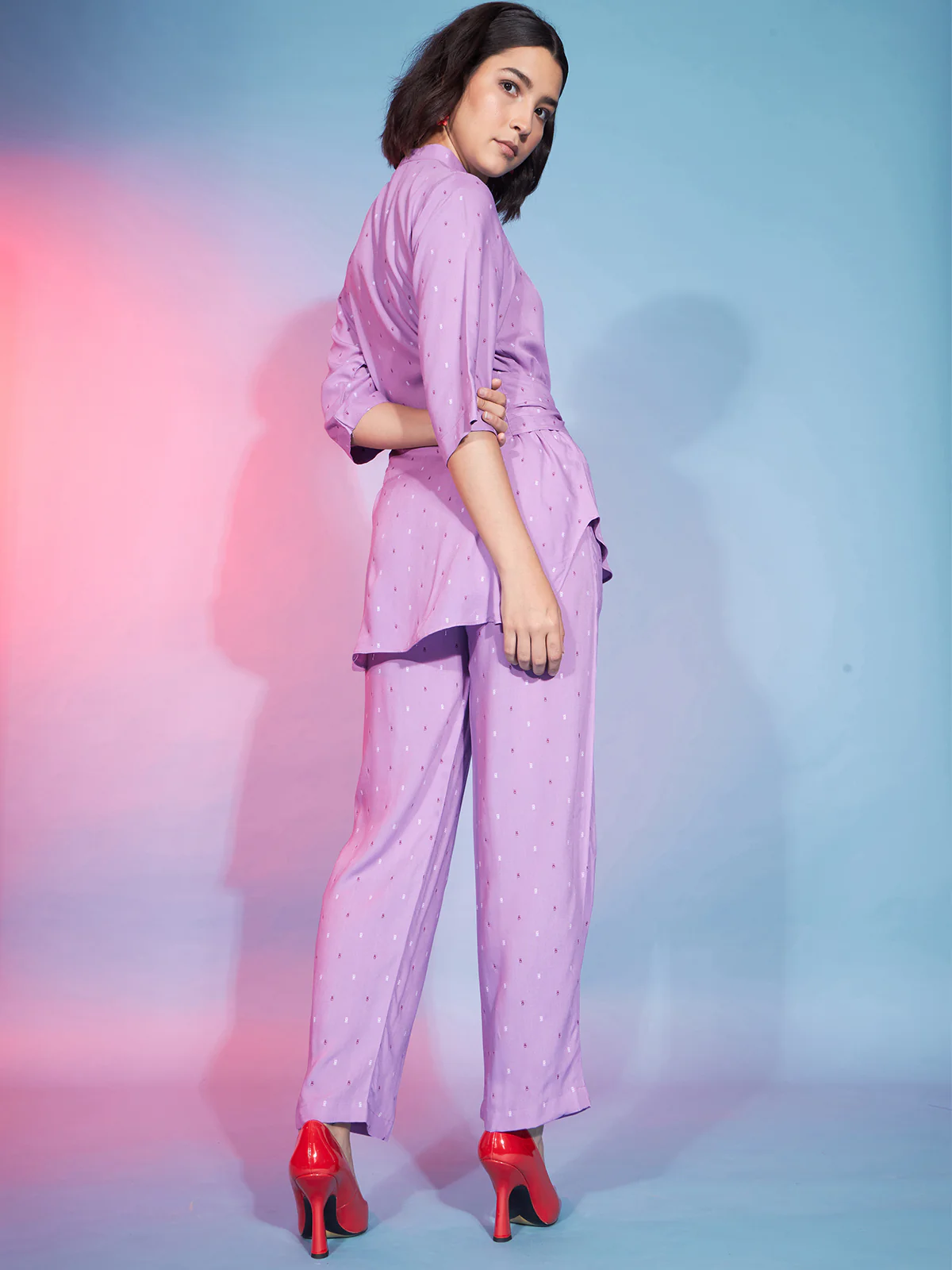 Odette Women Mauve Viscose Rayon Printed Stitched Co-Ord Set - Image 4
