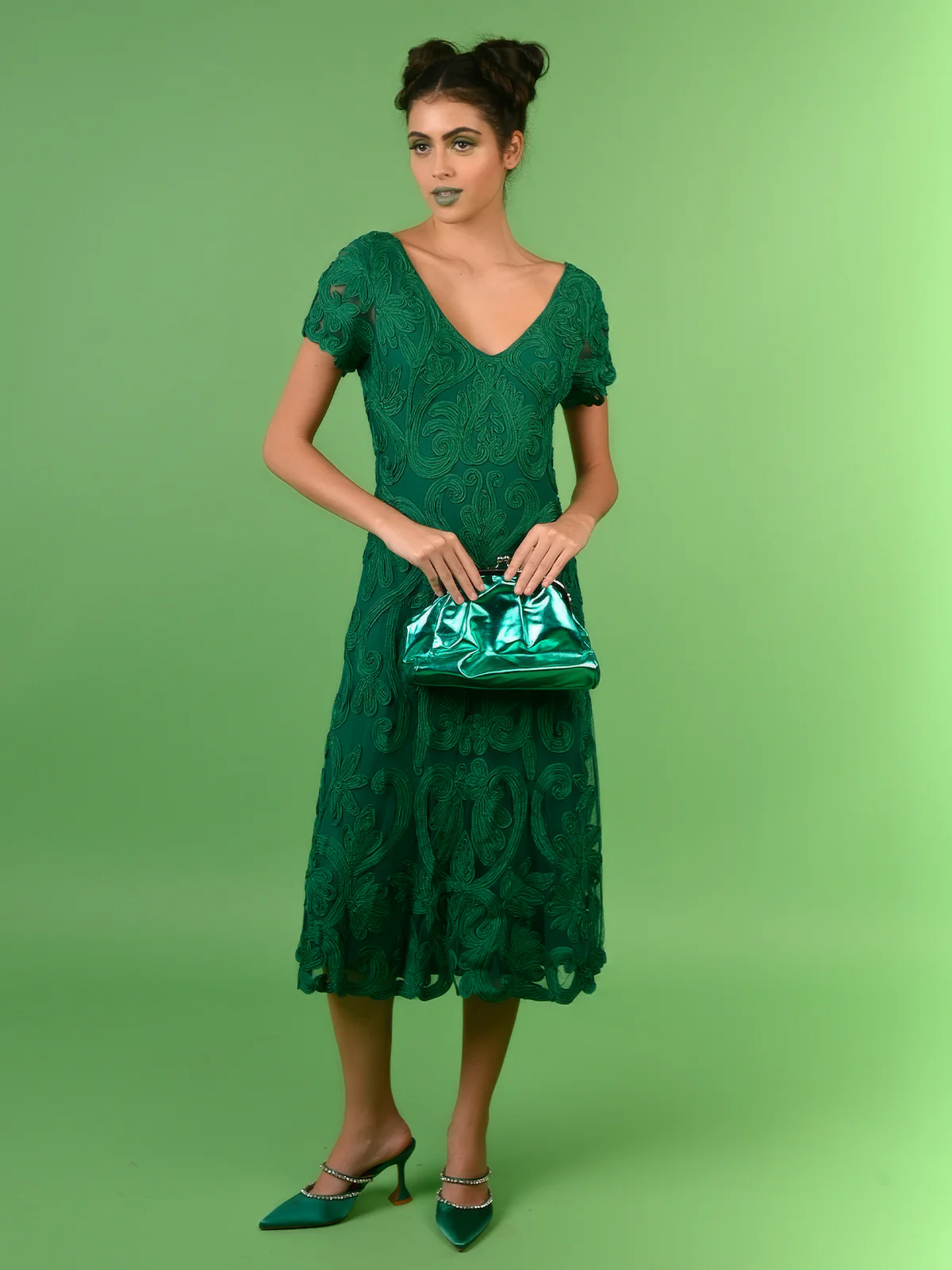 Odette Women Metallic Green Party Clutch - Image 2