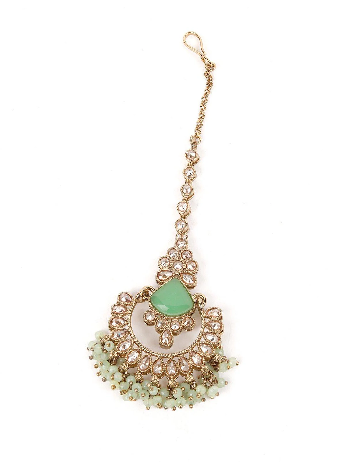 Odette Women Mint Green Engraved Stone Kundan Choker Set - Image 5