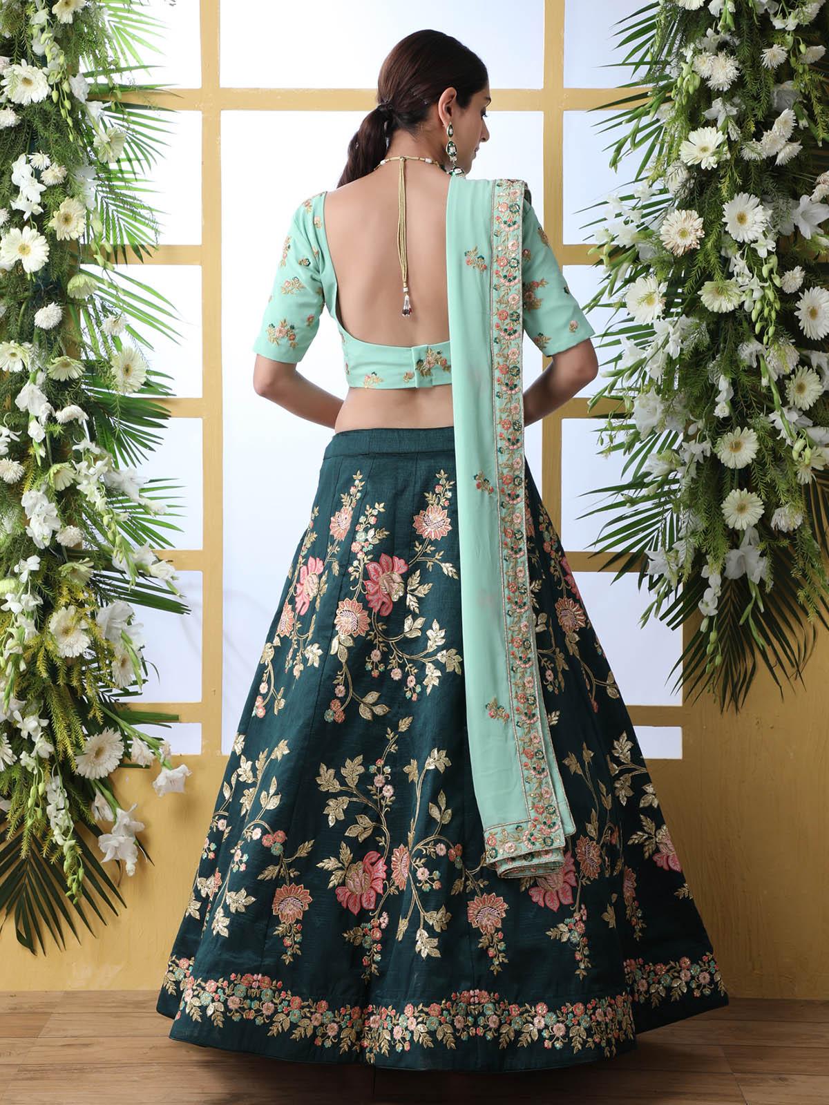 Odette Women Dark Green Sequins Georgette Semi Stitched Lehenga With  Unstitched Blouse - Image 2