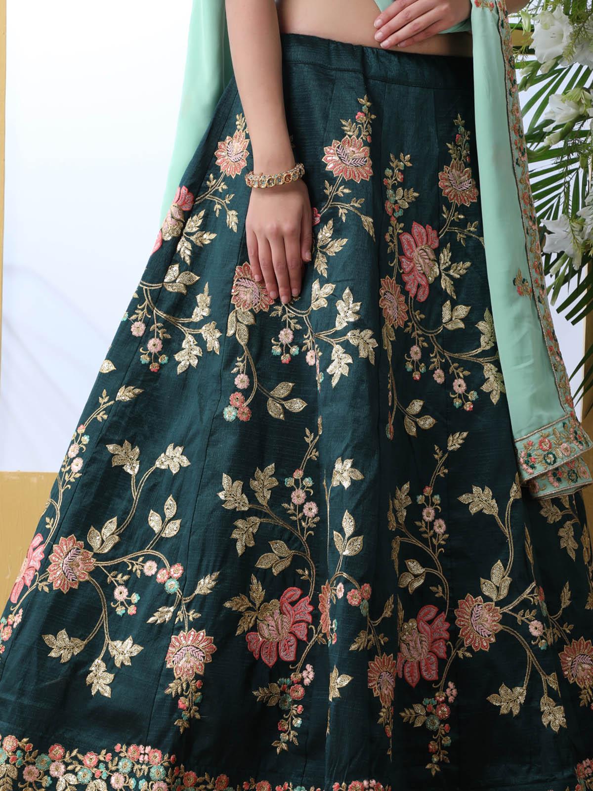 Odette Women Dark Green Sequins Georgette Semi Stitched Lehenga With  Unstitched Blouse - Image 3