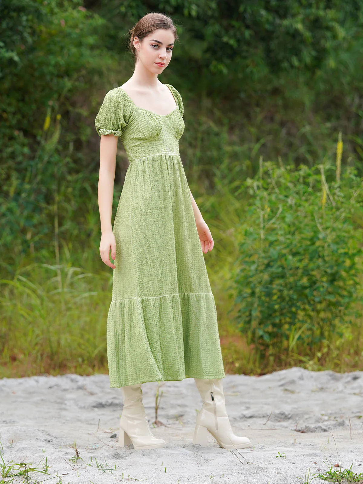 Odette Women Mint Green Textured Seer Sucker Stitched Dress - Image 2