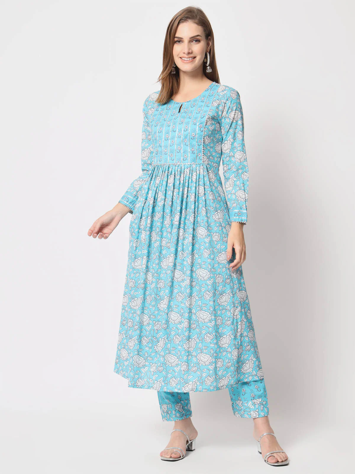 Odette Women Modern Light Blue Cotton Printed Stitched Kurta Set - Image 2
