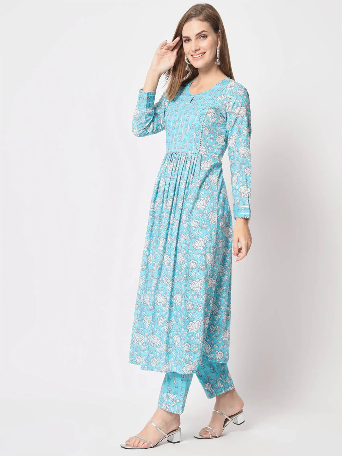 Odette Women Modern Light Blue Cotton Printed Stitched Kurta Set - Image 3