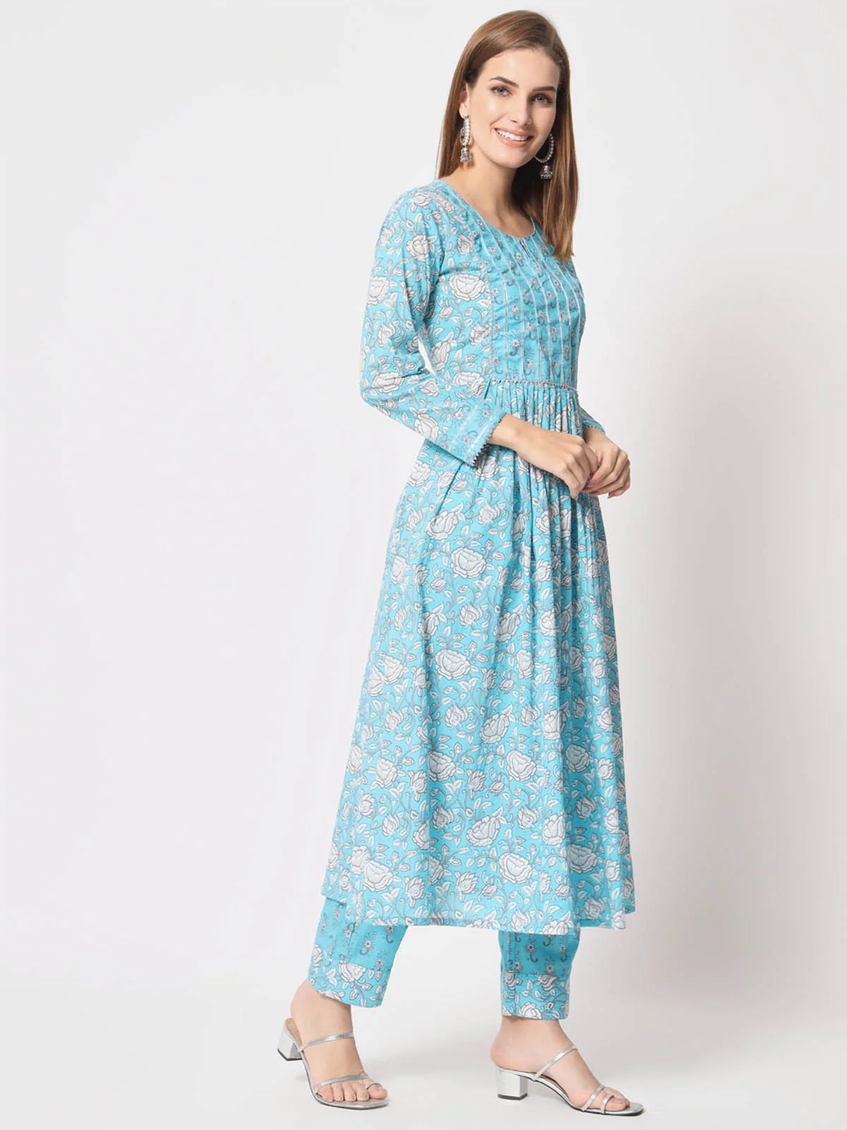 Odette Women Modern Light Blue Cotton Printed Stitched Kurta Set - Image 4