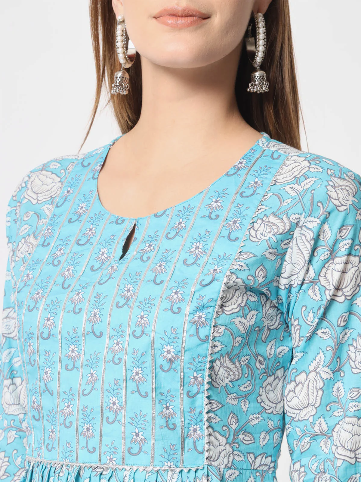 Odette Women Modern Light Blue Cotton Printed Stitched Kurta Set - Image 6