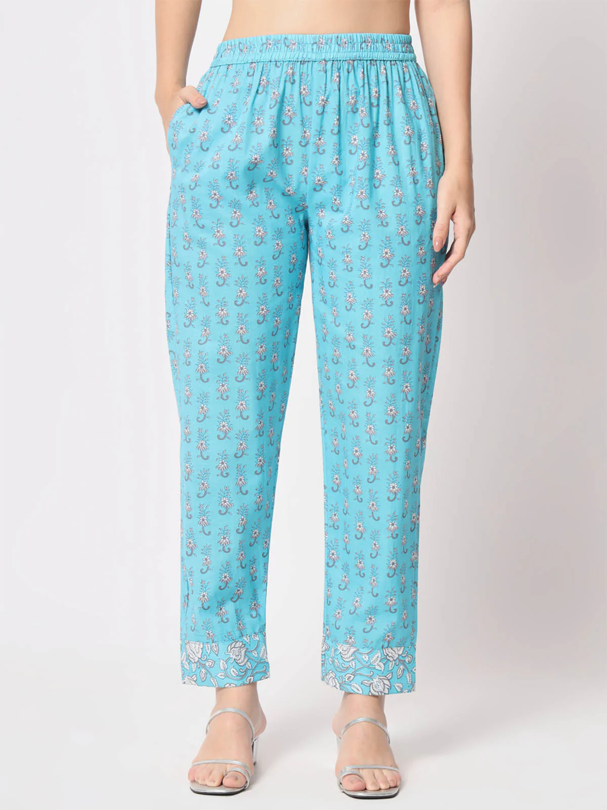 Odette Women Modern Light Blue Cotton Printed Stitched Kurta Set - Image 7