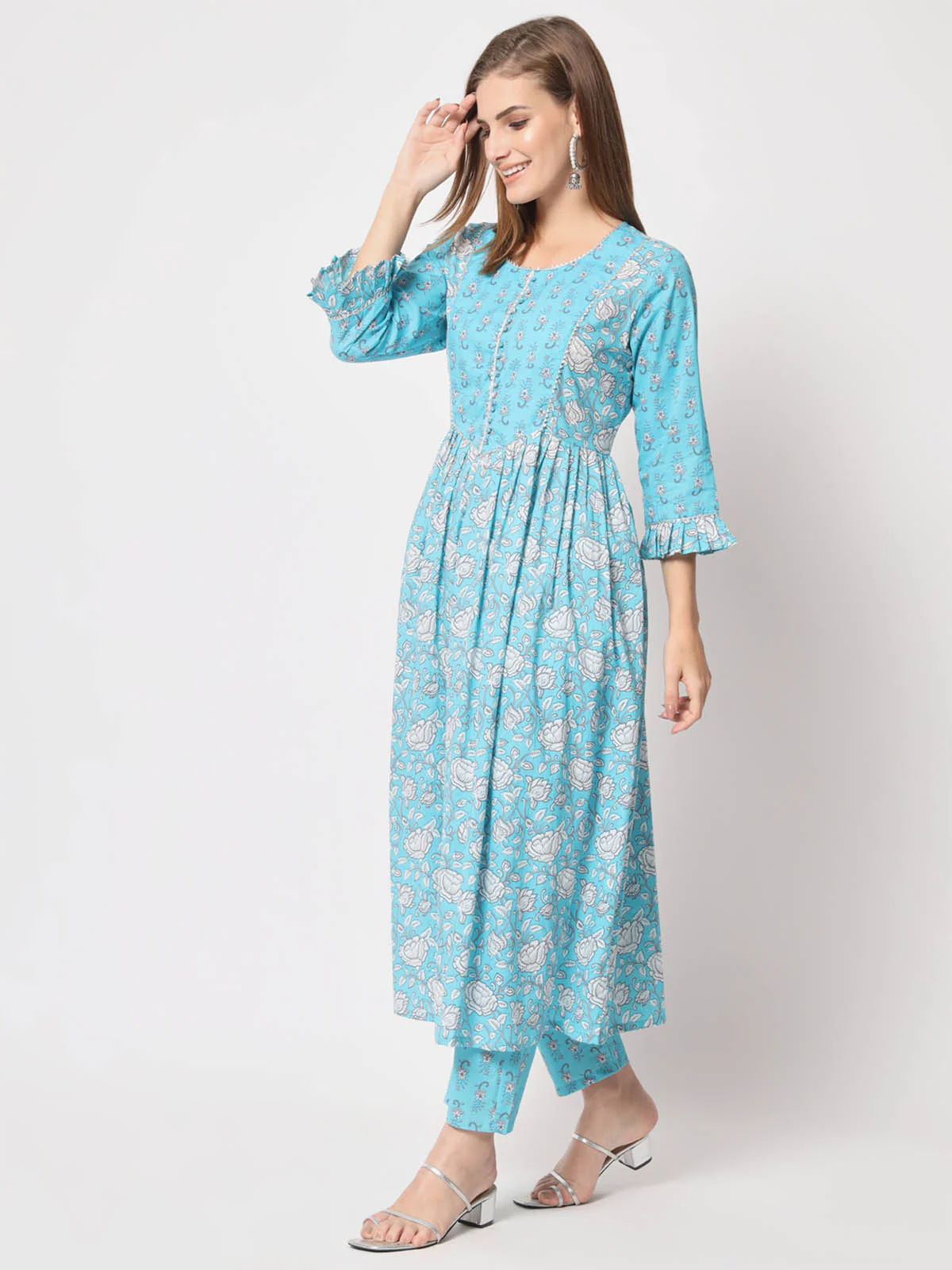Odette Women Modern Light Blue Cotton Printed Stitched Kurta Set - Image 3