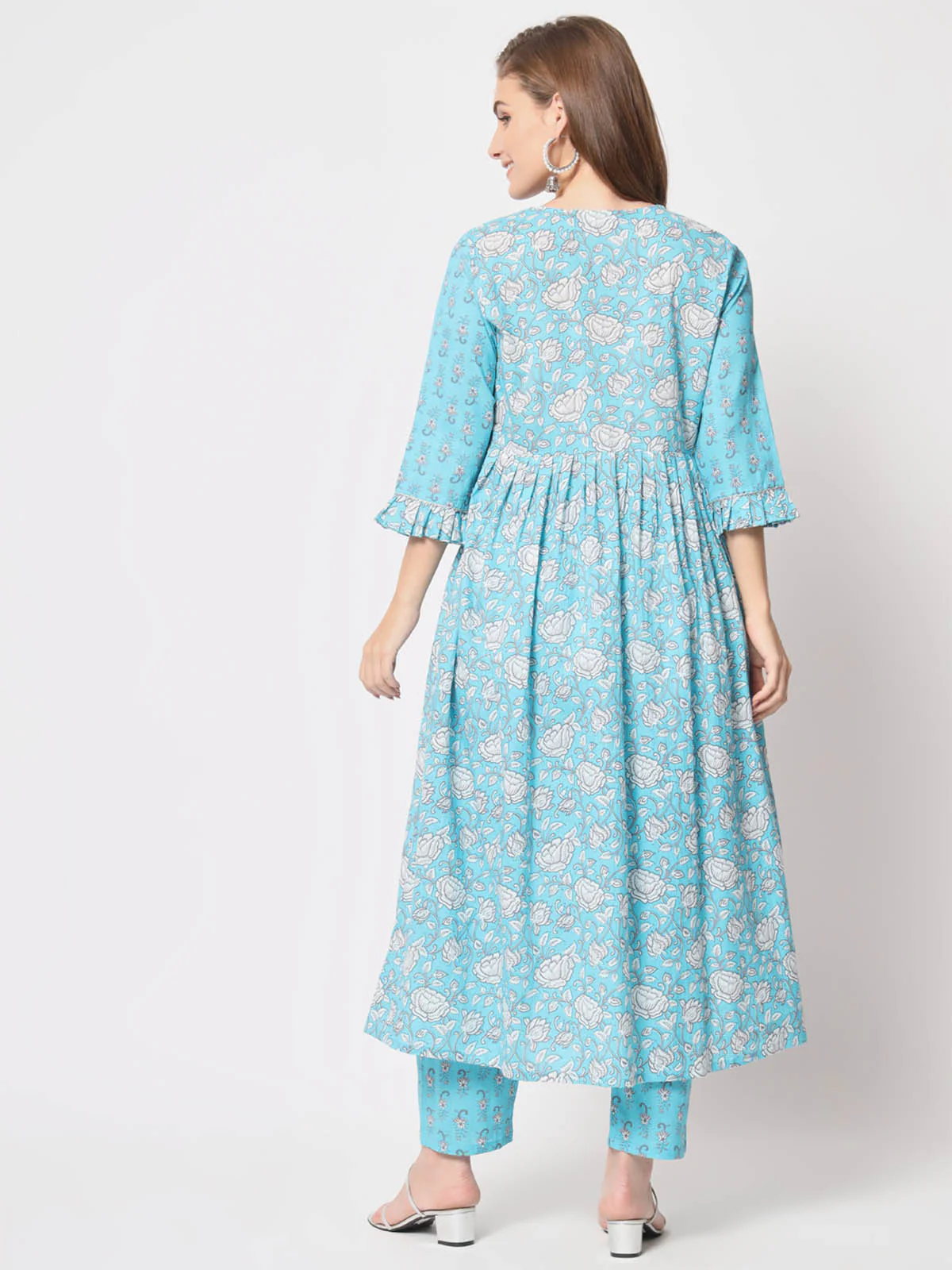 Odette Women Modern Light Blue Cotton Printed Stitched Kurta Set - Image 5