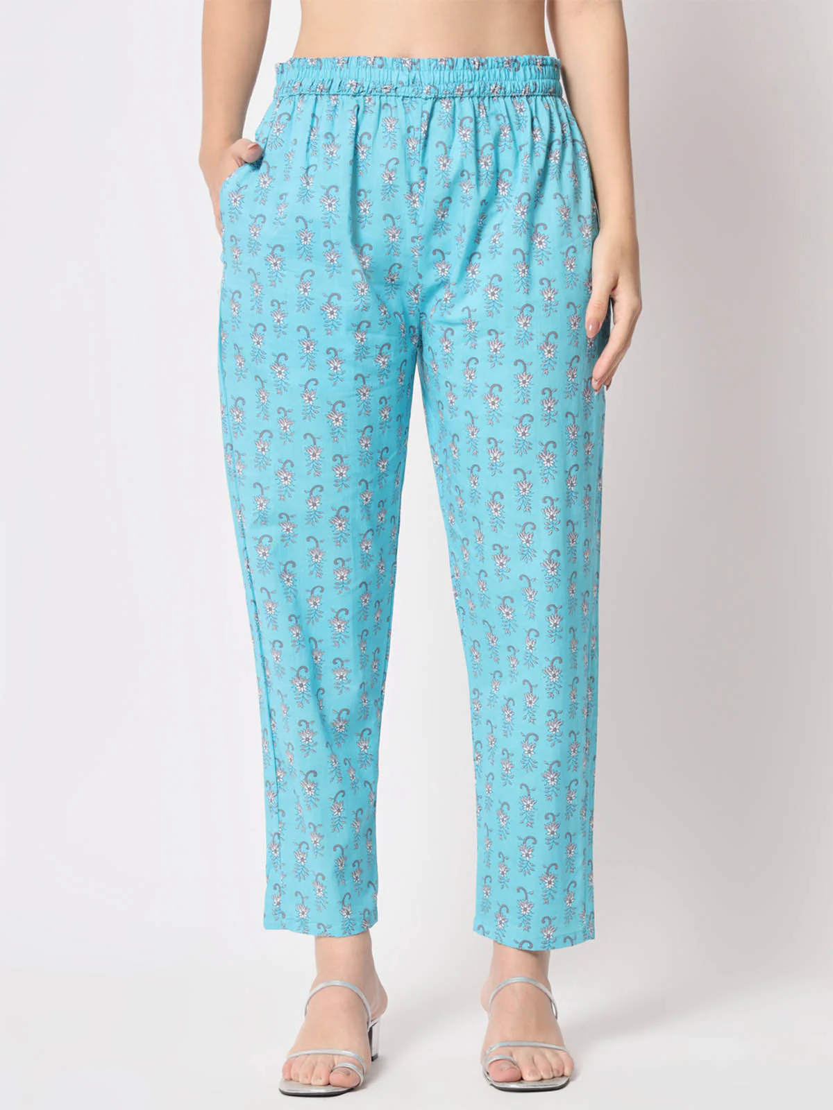 Odette Women Modern Light Blue Cotton Printed Stitched Kurta Set - Image 7