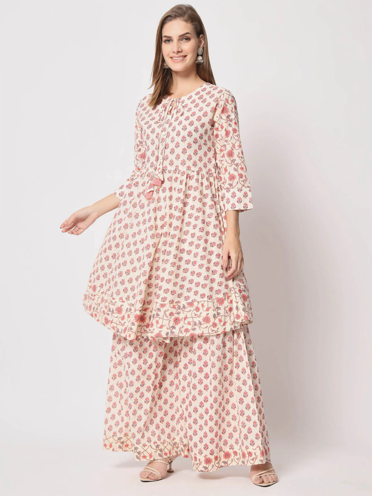 Odette Women Modern Pink Cotton Printed Stitched Kurta Set - Image 2
