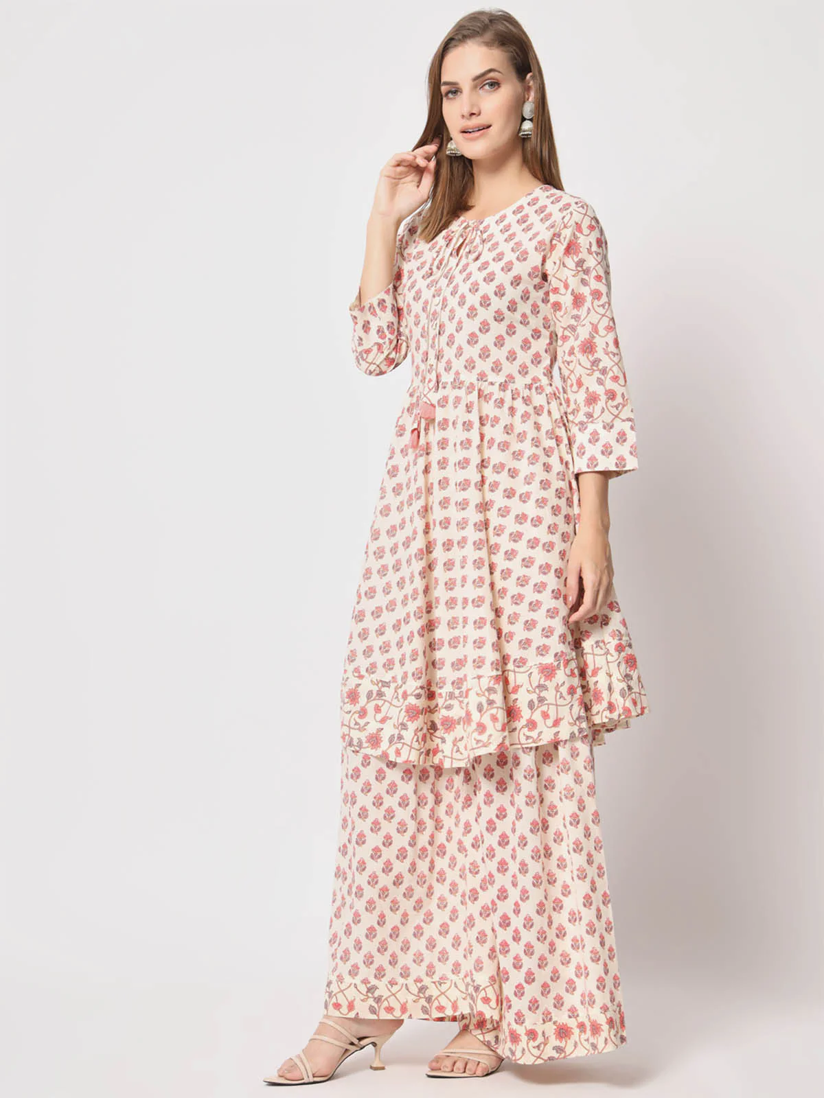 Odette Women Modern Pink Cotton Printed Stitched Kurta Set - Image 3