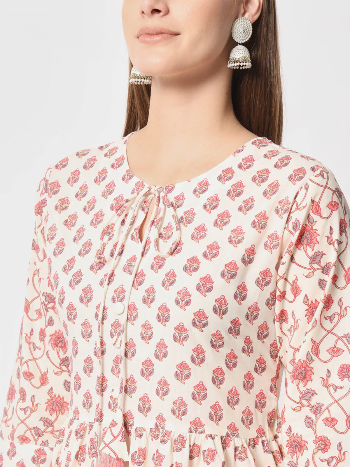 Odette Women Modern Pink Cotton Printed Stitched Kurta Set - Image 6