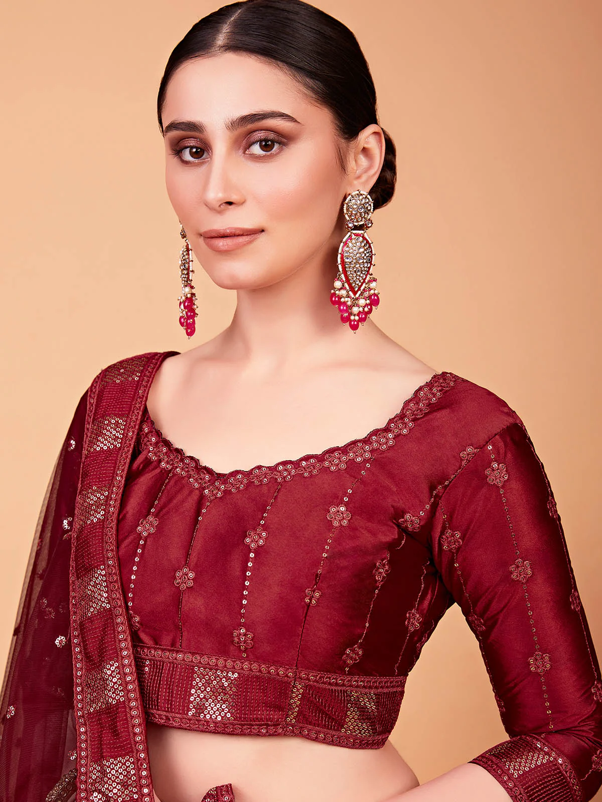 Odette Women Modish Red Silk Blend Semi Stitched Lehenga With Unstitched Blouse - Image 3