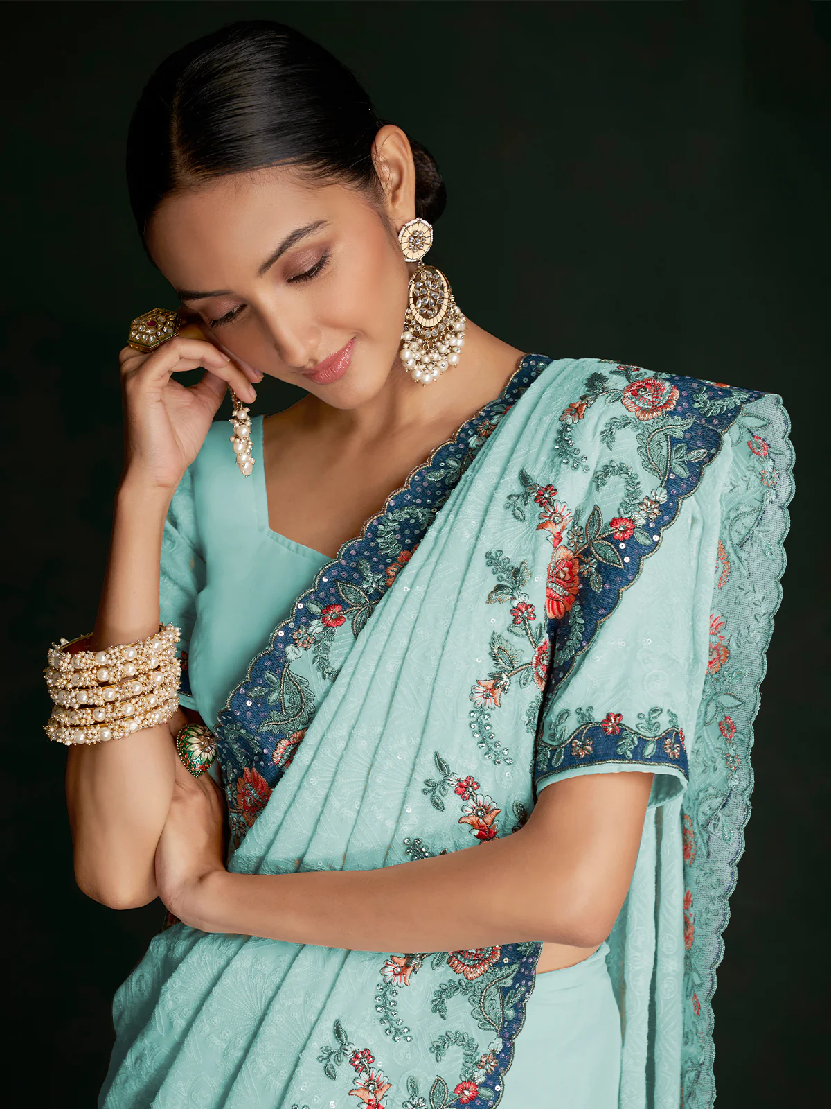 Odette Women Modren Blue Georgette Embroidered Saree With Unstitched Blouse - Image 2