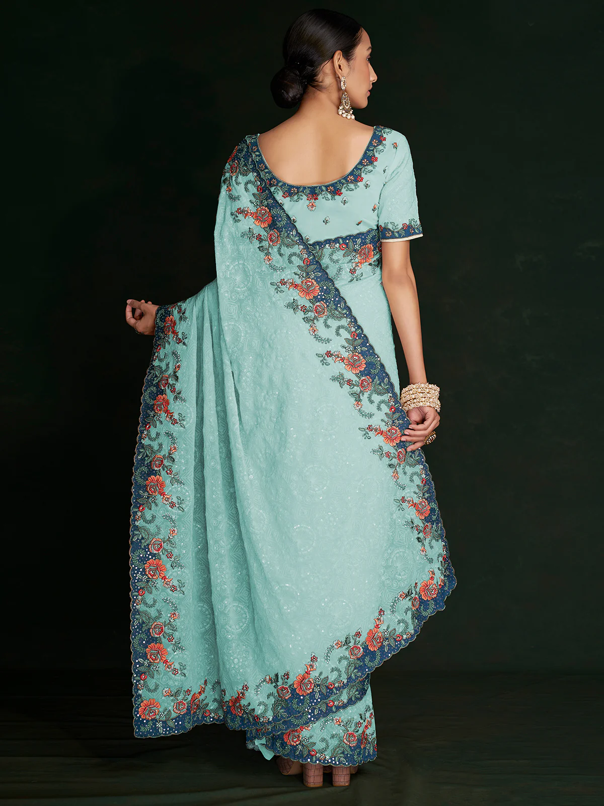 Odette Women Modren Blue Georgette Embroidered Saree With Unstitched Blouse - Image 4
