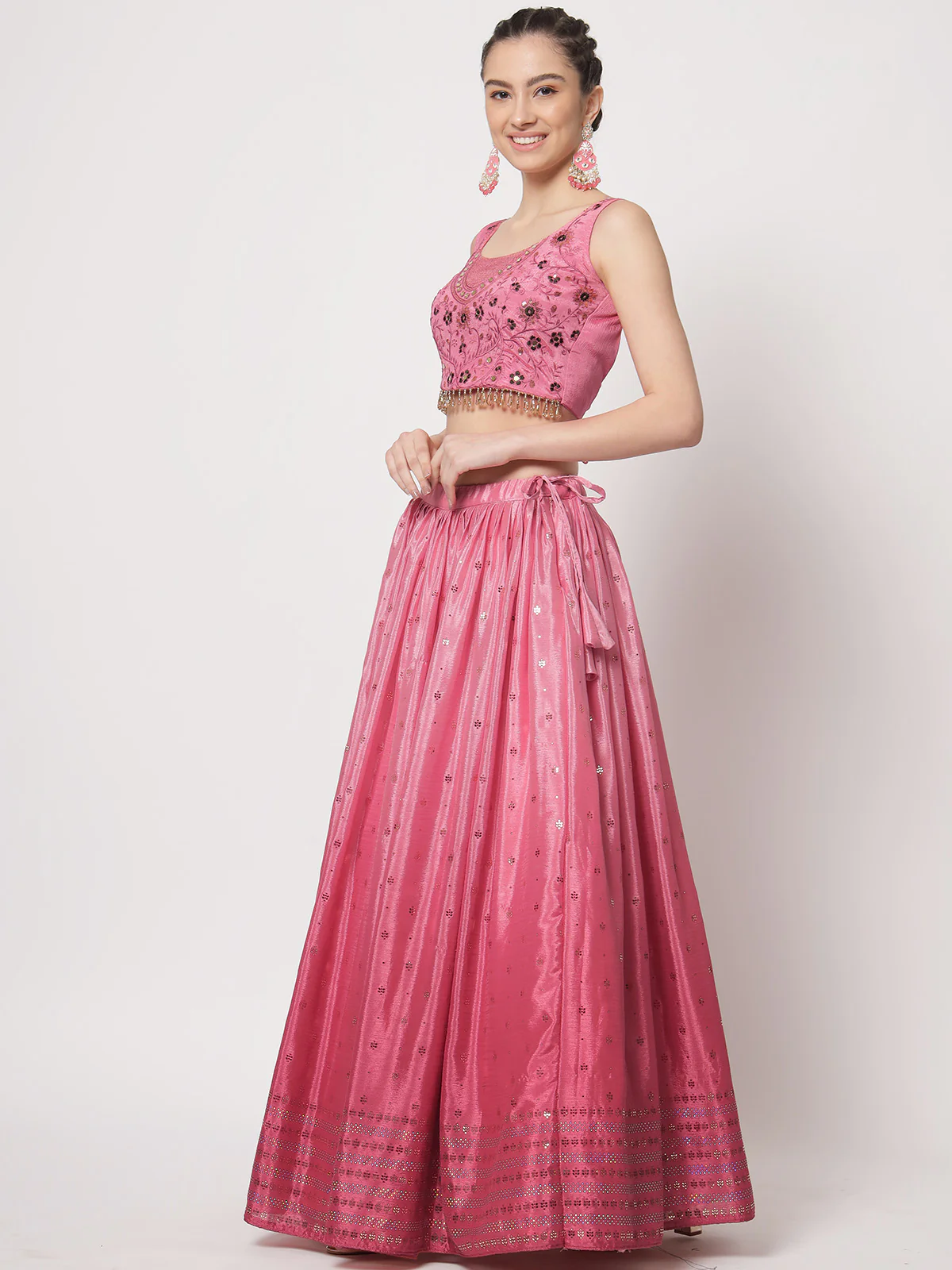 Odette Women Modren Pink Chinon Silk Embellished Semi Stitched Lehenga With Unstitched Blouse - Image 3