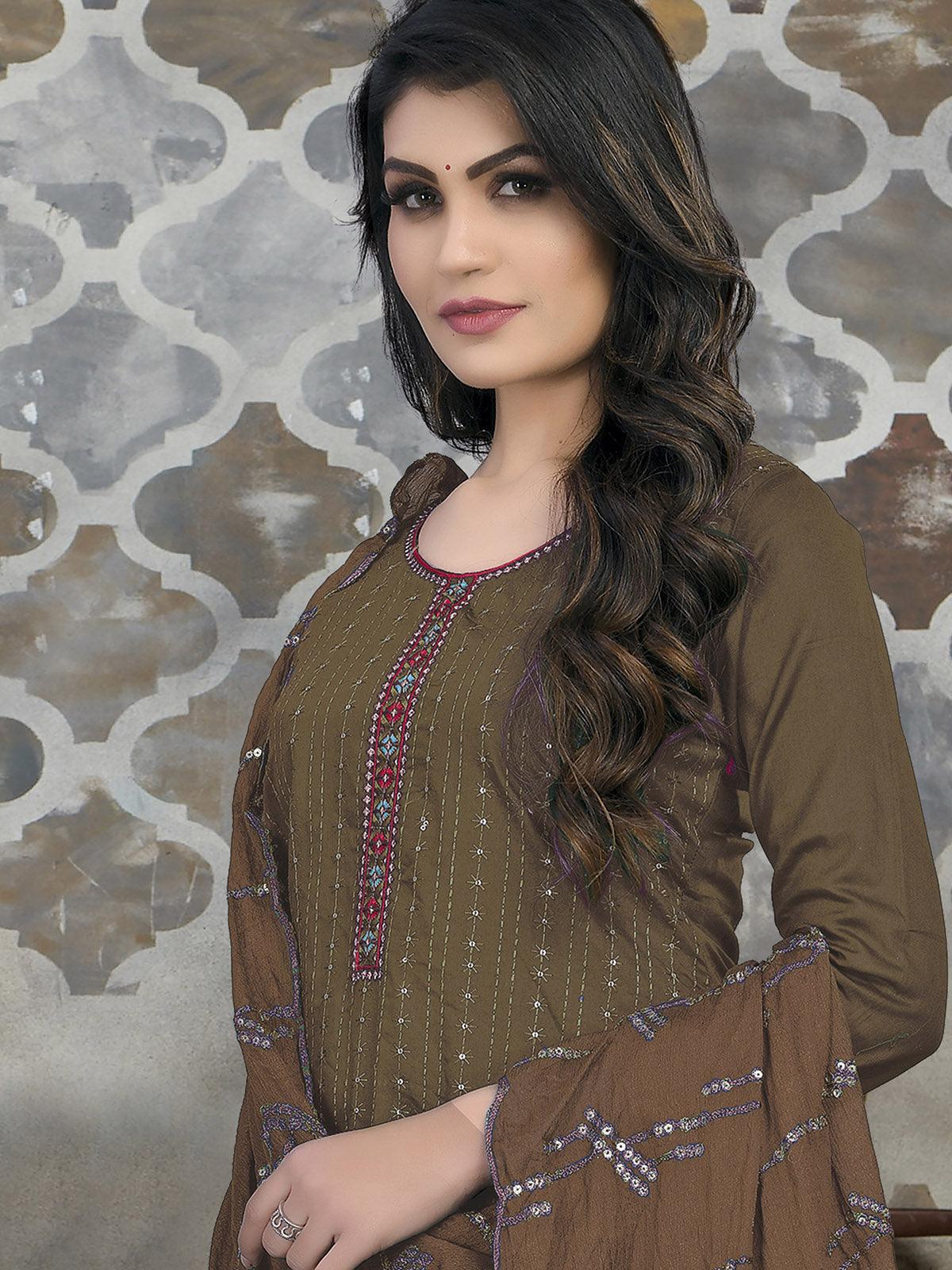 Odette Women Dark Green Naznin Designer Embroidery Semi Stitched Kurta Set - Image 2