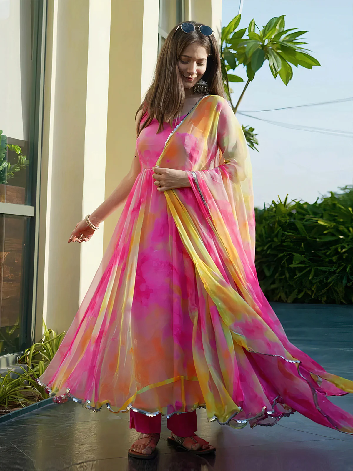 Odette Women Multi Color Organza Printed Stitched Gown - Image 2