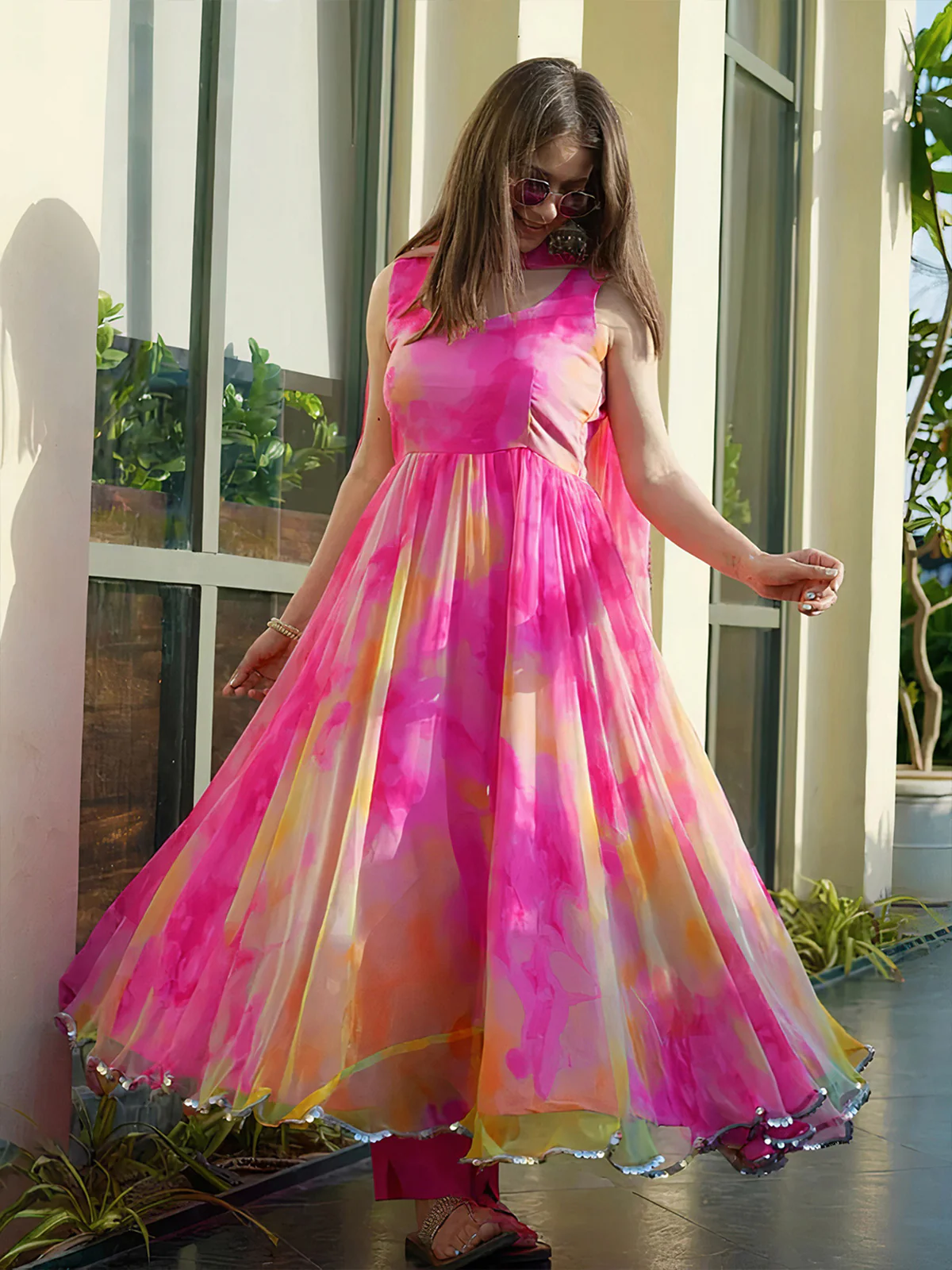 Odette Women Multi Color Organza Printed Stitched Gown - Image 3