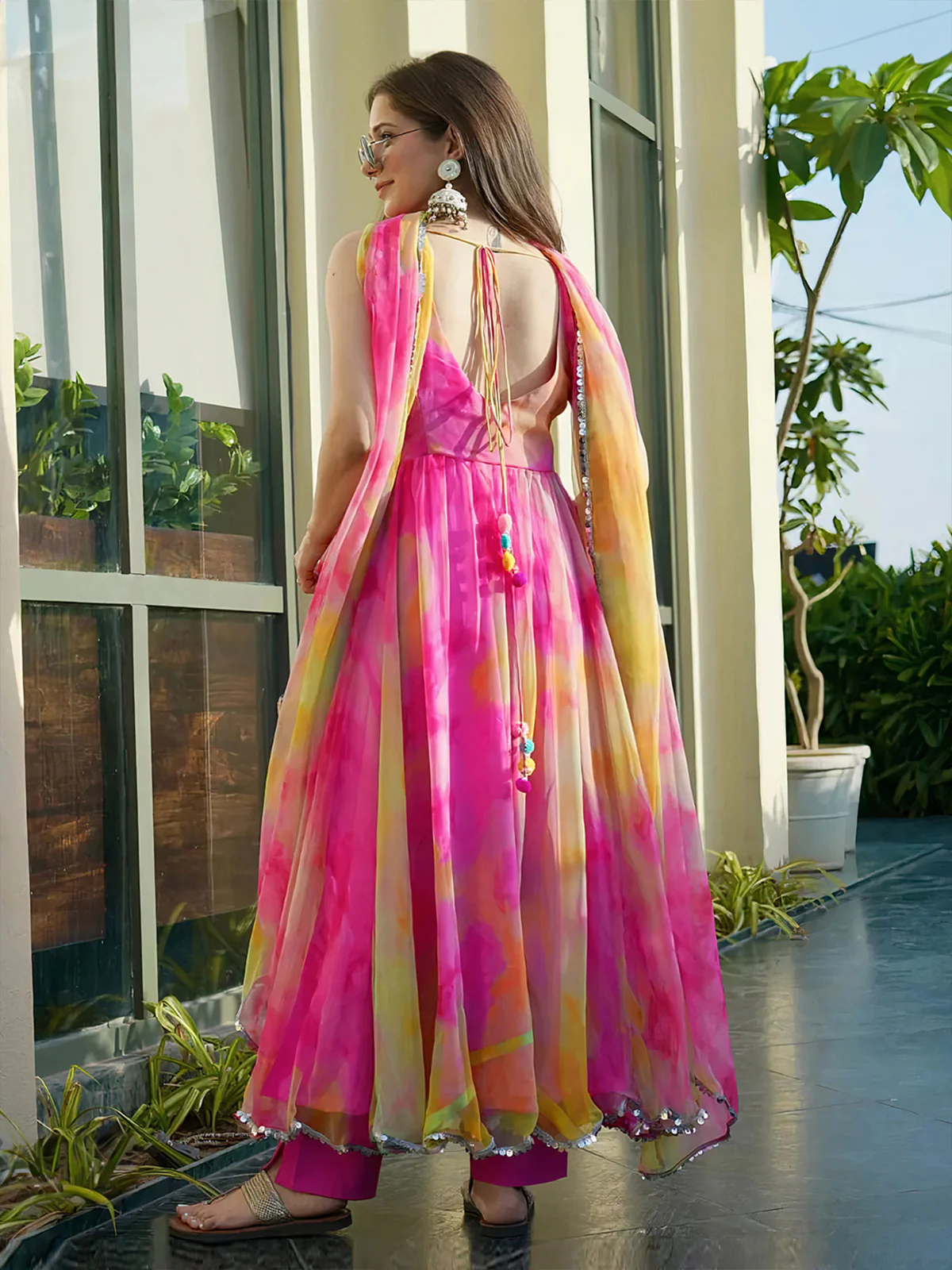 Odette Women Multi Color Organza Printed Stitched Gown - Image 6