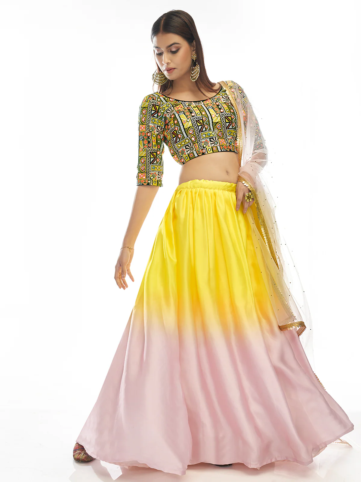 Odette Women Multicolored Embroidered Velvet Semi Stitched Lehenga With Unstitched Blouse - Image 2